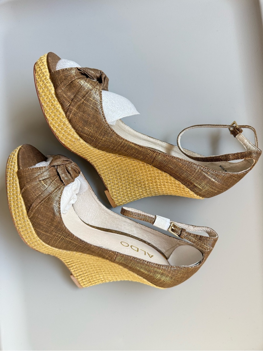 ALDO Brown Metallic and Yellow Woven Wedge Sandals